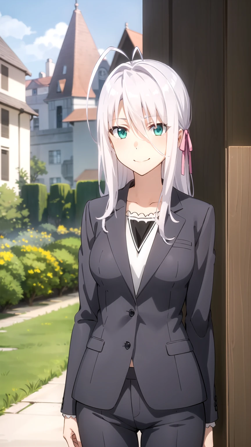 best quality, masterpiece, detailed,
Rossweisse,
1girl, closed mouth, light smile,
grey hair, aqua eyes, antenna hair, long hair, hair ribbon,
black suit, formal, pants,
looking at viewer,
outdoors