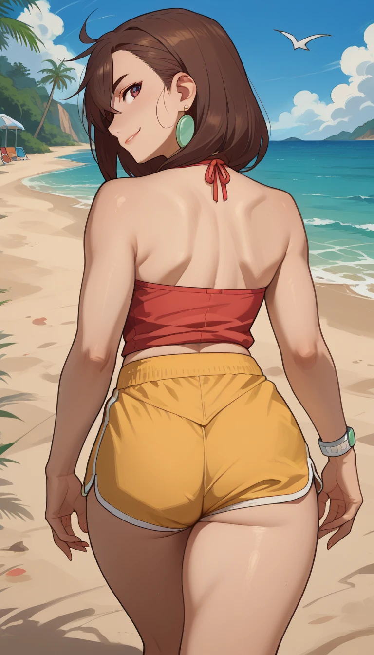 masterpiece,    best quality   ,    Back View,  Momo Ayase, brown hair ( She wears tiny yellow dolphin shorts, Butt pulp appears )bare shoulders,,   thick thighs   ,strength,   walking on the beach ,smile,Sunglasses with green lenses ,   look back,   big ass,perfect anatomy,colorful,cena sensual, film ,