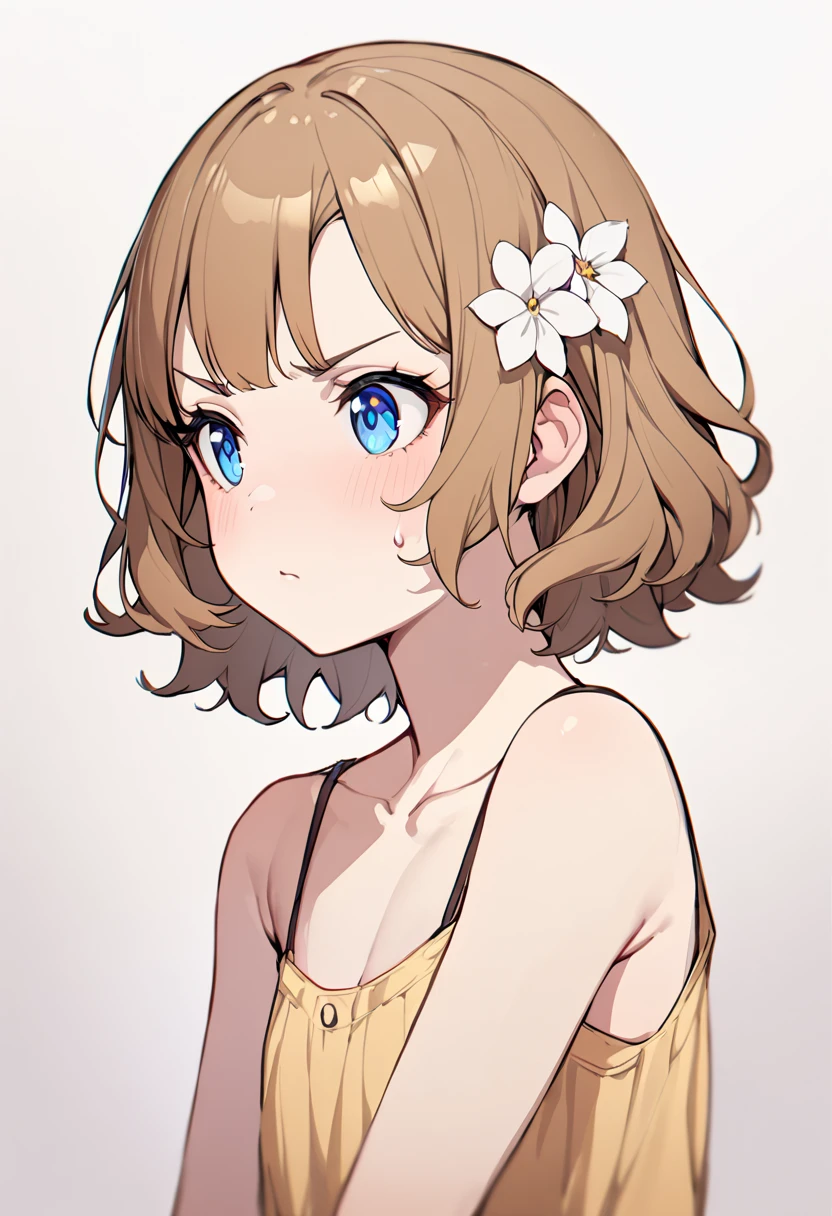 masterpiece,  top quality ,  absurd,   very aesthetic  , generally,
sweatモモコ,  Casual , White Flower,  short hair, upper body, light Brown Hair, Brown Hair, looking to the side, clavicle,  simple background,  wave hair,  blue eyes, ,  One girl ,   hair flower , V-shaped eyebrows,  from the public eye ,  Hair Accessory, eyebrow that can be seen through the hair, Alone, nsfw, Completely naked
