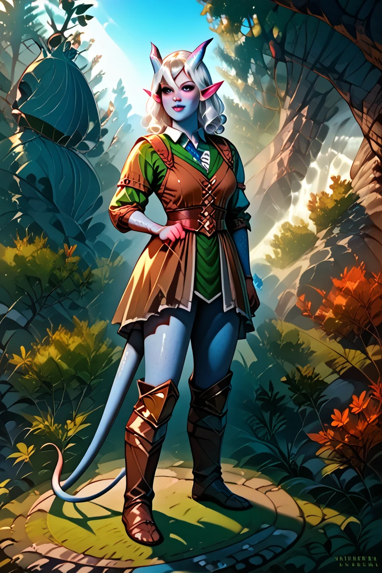 Tifling girl with azure blue skin , sharp, like an elf , ears,  tail. Medieval armor.  Expressive black eyes complement its bright appearance. Her long white hair is loose and disheveled.  stands in the forest in a clearing.  She is dressed as a poor farmer from the fantasy world .  full length. forest in the background, medieval settlement . 