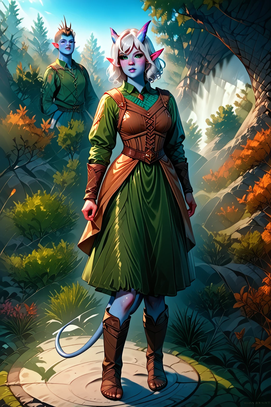 Tifling girl with azure blue skin , sharp, like an elf , ears,  tail. Medieval armor.  Expressive black eyes complement its bright appearance. Her long white hair is loose and disheveled.  stands in the forest in a clearing.  She is dressed as a poor farmer from the fantasy world .  full length. forest in the background, medieval settlement . 