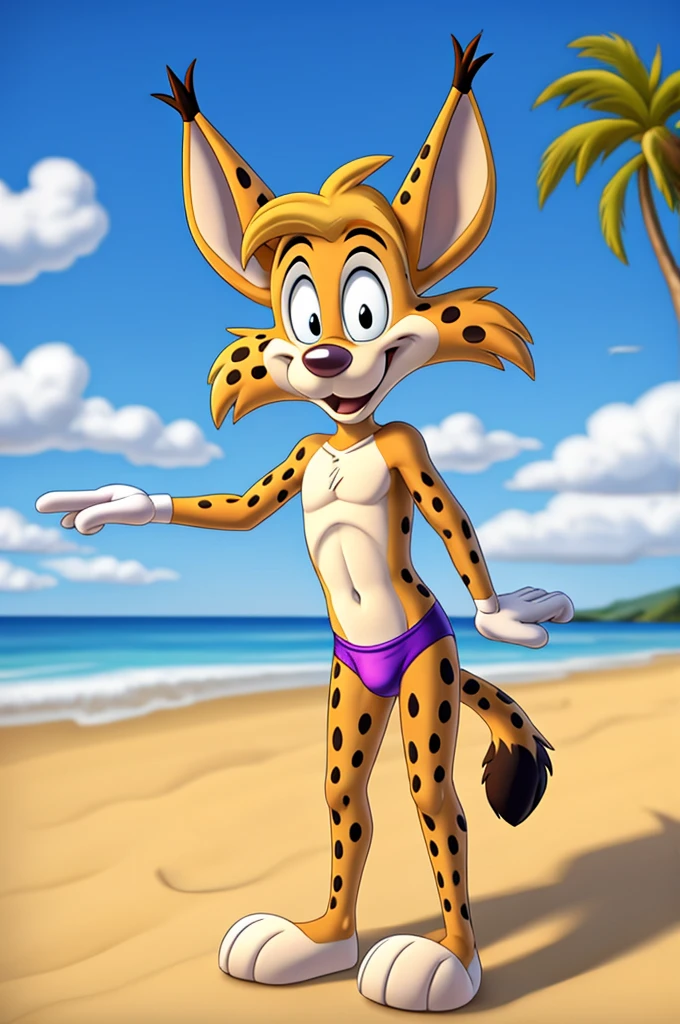 Lynx cartoon guy full length slim skinny in tight purple speedo on the beach with a happy face striped tail