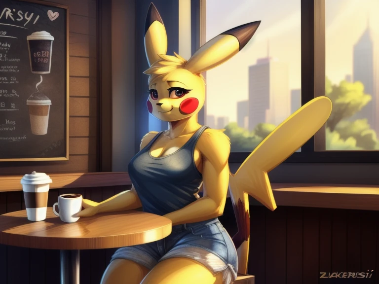 by zackary911, zackary911, (((Pikachu, anthro, extremely detailed, extremely detailed legs, extremely detailed arms, extremely detailed face, perfectly detailed eyes, ultra-detailed hands, perfectly detailed anatomy, well shaped body, female)): solo, curved thighs, long jagged tail, carmesi eyes, day, blushed, looking to the viewer with a loving expression, detailed background, coffee shop background, front lateral view, medium breasts, loose blue tank top, Jean shorts, sitting at table