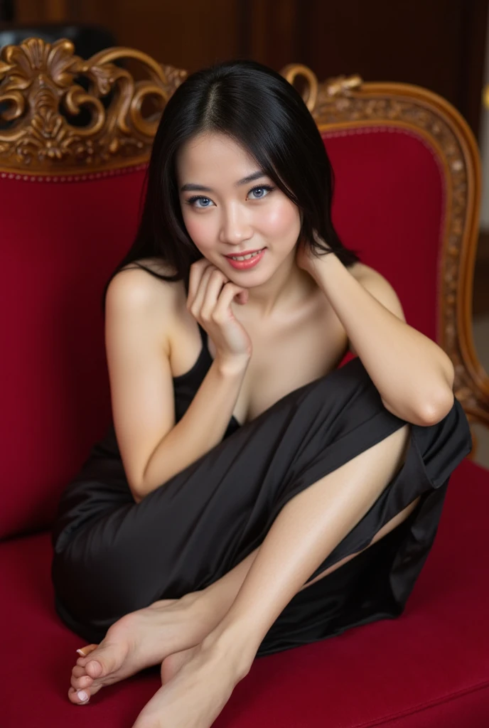 (full body shot:1) photorealistic image of a woman, ultrarealistic, photography, straight long black hair, asian woman, beautiful cute sexy asian 20 years old woman, hourglass figure, perfect body, Flirty look, natural big breasts, long eyelashes, cat eye make-up, double eyelids, sexy pose, erotic pose, seductive pose, big breasts, big tits, wearing a sexy black dress