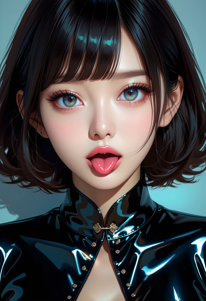 FRONT VIEWER,  score_9,  score_8_above,  score_7_above,  score_6_above,morimee_style, 1 girl,  pretty face, Looking at the spectator , masterpiece, elegant,  Asian girl, ((Korean)), asian,  slanted eyes , ((Epicantic fold eyelids:1.2)), blunt bangs,  curvilinear  , sexy lips,  big eyes,  perfect, glowing skin ,  score_6_above, 1 girl, Alone, Perfect face, Perfect eyes, sexy,  sexy girl, beautiful god eyes ,   , perfect  pretty face, standing,  big breasts,only,latex,cruz,  Seductive Look, blush, close above, retrato, bust shot,neckline, very splitting Tongue, forked tongue, rft, forked tongue, tongue out, tongue bifida, very very split tongue,