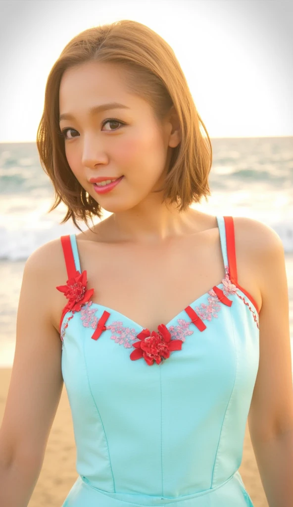  1 woman with a cute smile、I'm wearing cute clothes 。,  swimsuit,  Big Breasts 、 Date、 holding hands