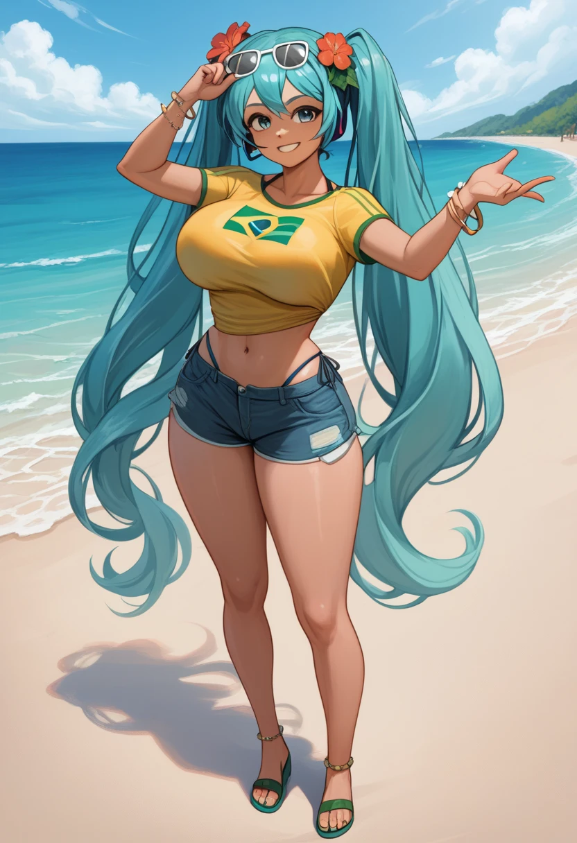 santa hat christmas costume blue big ponytail Super huge big breasts breast enlargement One person standing on the beach Blue eyes flower head bracelet Brazilian soda tanning full-body shot shy smile aqua hair, sunglasses on head, flower in hair, yellow shirt, brazil flag on shirt, denim shorts, booty shorts, tanned, 1girl,  hatsune miku,