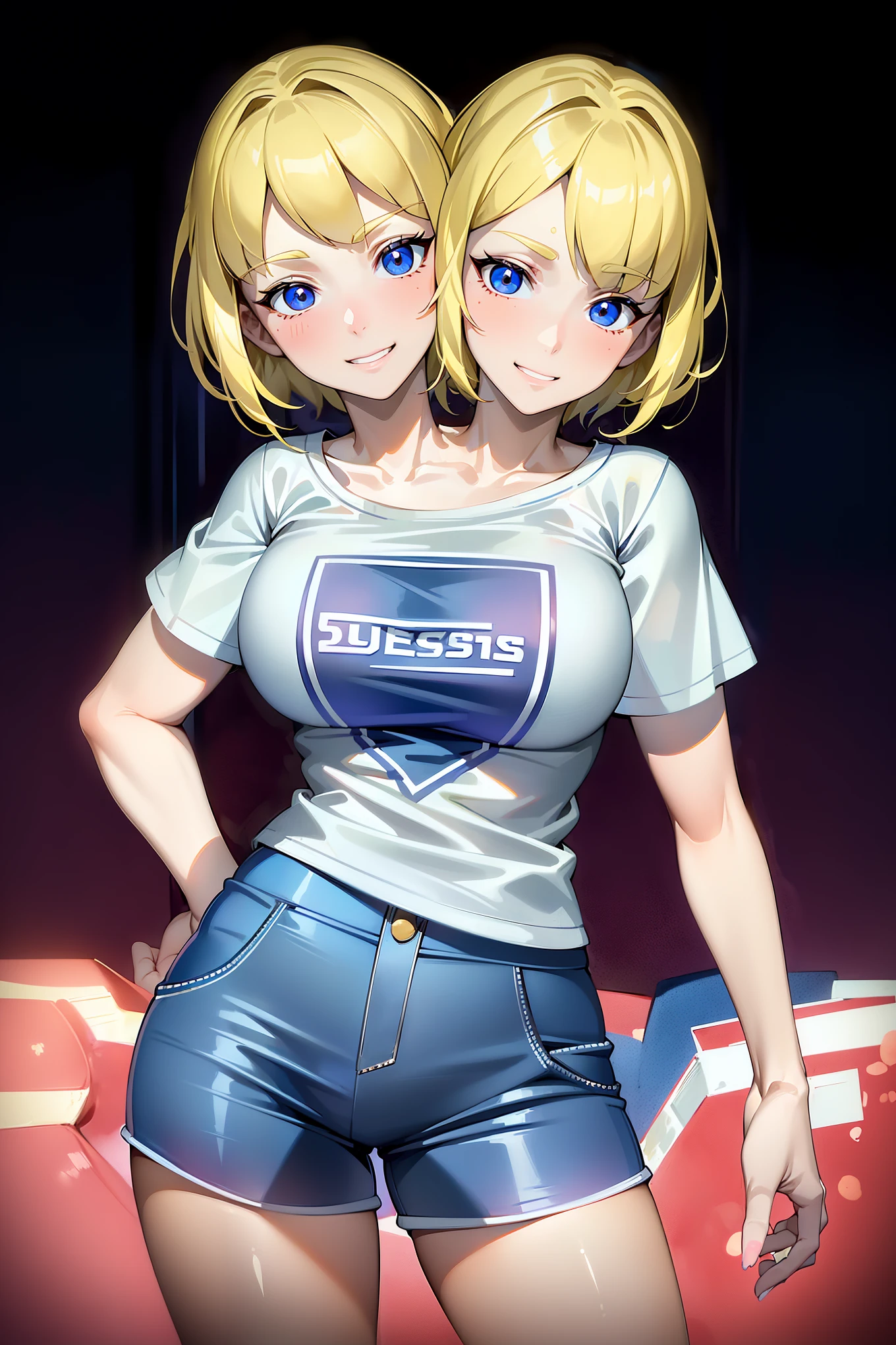 (masterpiece),(ultra-detailed), (high quality), (high resolution), (best quality:1.5, highres, UHD), highres, absurdo, ultra detail, ultra quality, ((2heads:1.5)), 1girl, Ultra resolution, 16k, best quality, 1girl, (blonde hair), medium haircut, blue-violet eyes, white t shirt, teenage girl,, (blue demin pshier ants), shortpants, gentle smile, blushing, ((detailed eyes))