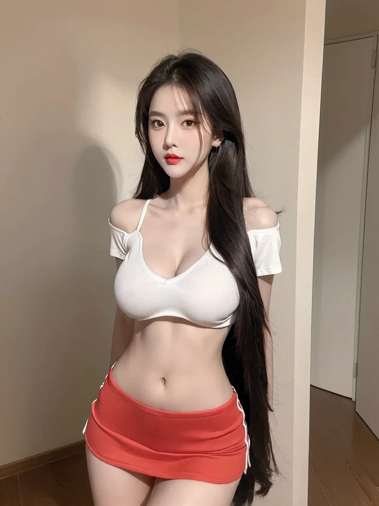 Beautiful girl with long hair:1.6, kawaii, Open your eyes..., gorgeous face, red lip, (large boobs:1.5), slim, small waist, smooth abs., Small thighs, elongated legs, beautiful legs, short skirt, T-shirt with collar, stand, graceful posture, Image integrity, Detail Pictures,