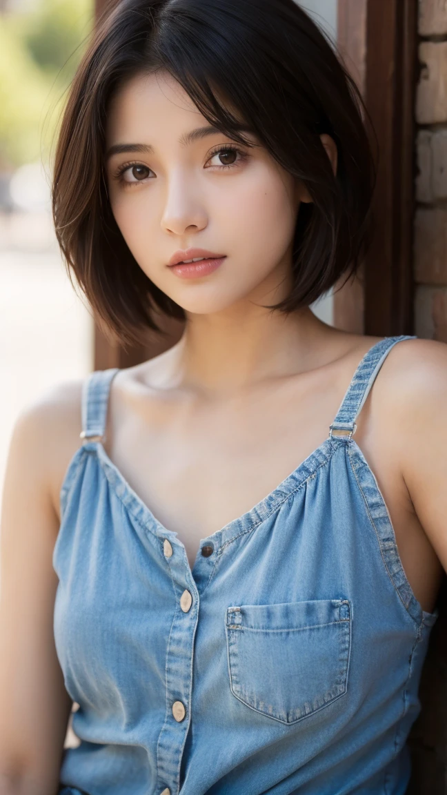 (best quality:1.5, highres, UHD, 4K, detailed eyes, detailed lighting, detailed hair, shaders), black hair, bob cut, hair covering one eye, cool woman, cool girl, sharp eyes, blue eyes, beautiful, large breasts, casual clothes, (pov, close shot)