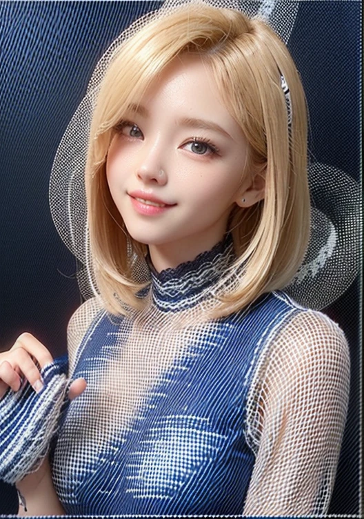  pale blonde teenage girl with bangs long soft silky hair blue-green eyes in long white sweatshirt and green pants wearing two shiny white necklaces taking photo in her room, making the peace symbol and smiling with his pink cheek and eyeliner