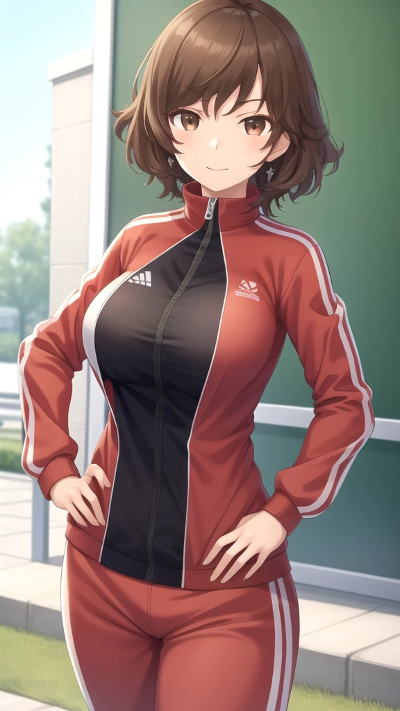 masterpiece, best quality, high quality, girl, solo, looking at viewer, kogure_kawanami, brown hair, brown eyes, large breasts, track suit