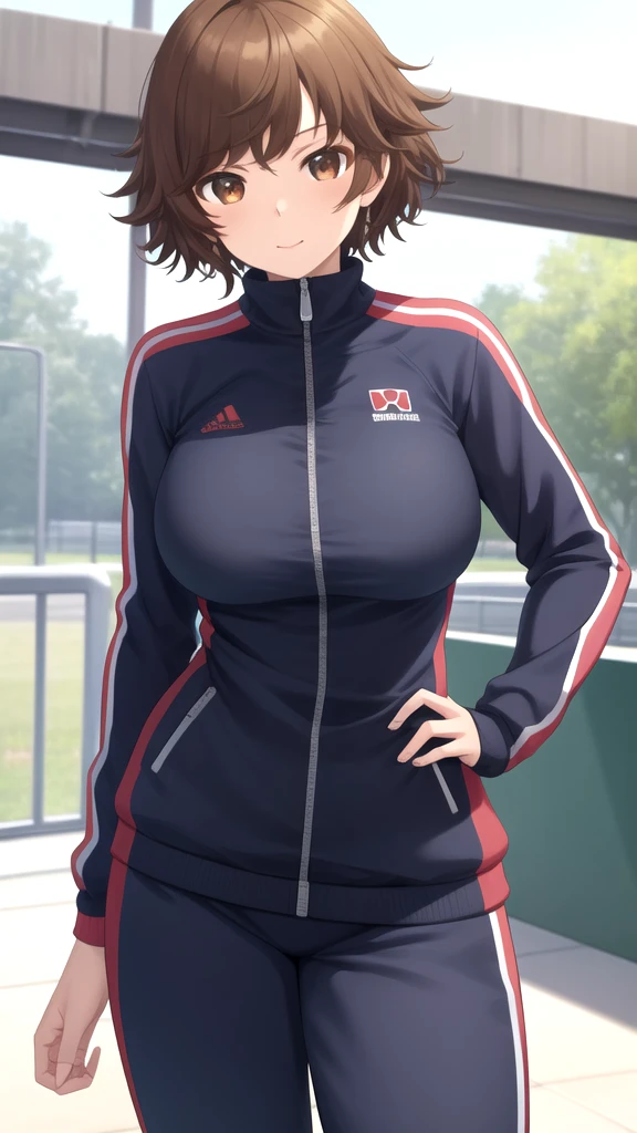 masterpiece, best quality, high quality, girl, solo, looking at viewer, kogure_kawanami, brown hair, brown eyes, large breasts, track suit