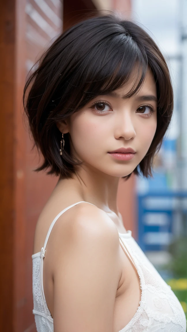 ((highest quality, 8k, masterpiece :1.3)), Sharp focus :1.2, Beautiful woman with perfect figure :1.4, Slim Abs :1.2, ((Layered Haircut, Big Breasts :1.2)), (Tank top shirt :1.1), (street :1.2), Highly detailed face and skin texture, Fine grain, double eyelid
