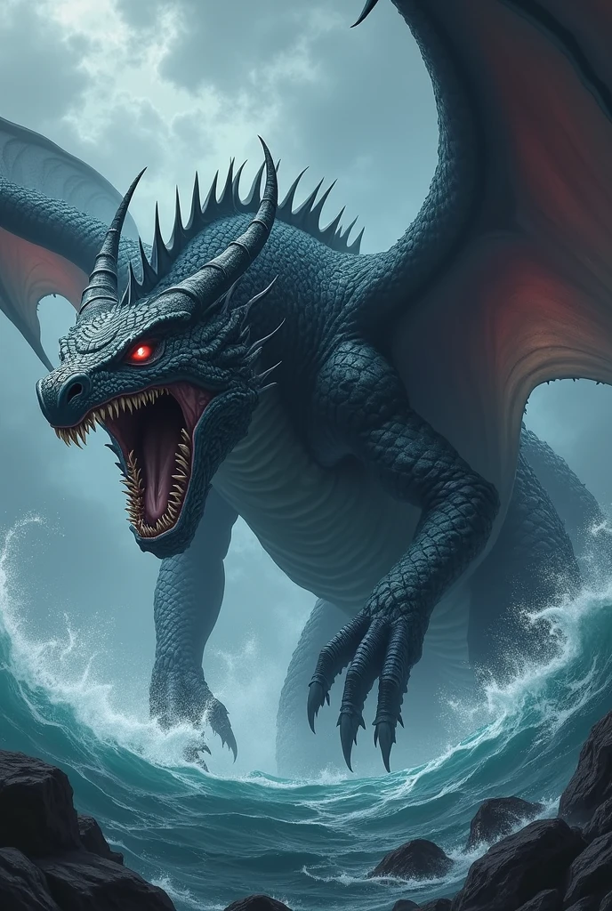 evil dragon, 5 dragon heads, a lot of eyes, sharp teeth, monstrous being, dark sea, gigantic creature, (best quality,4k,8k,highres,masterpiece:1.2),ultra-detailed,(realistic,photorealistic,photo-realistic:1.37),dark fantasy, dramatic lighting, dramatic shadows, cinematic, epic scale, intricate details, highly detailed scales, demonic, twisted, nightmarish, gritty, moody, eerie atmosphere, deep ocean, crashing waves, stormy seas