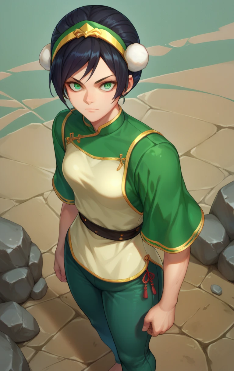 score_9, score_8_above, score_7_above, score_9,   BREAK for PhBeiFongSDXl, 1 , Alone,  black hair,  looking at the viewer, jewelry, hairband,  green eyes,  hair bun ,  Chinese clothing ,  capri pants , blind, cowboy shot,  rock bottom ,  detailed background , leaving her naked  