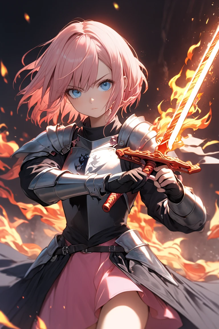 1lady,(((pink short hair,blue eyes))),solo,cool,
knight,holding a sword,fantastic, look suspicious,
((flame sword)),fire,flame,blaze,