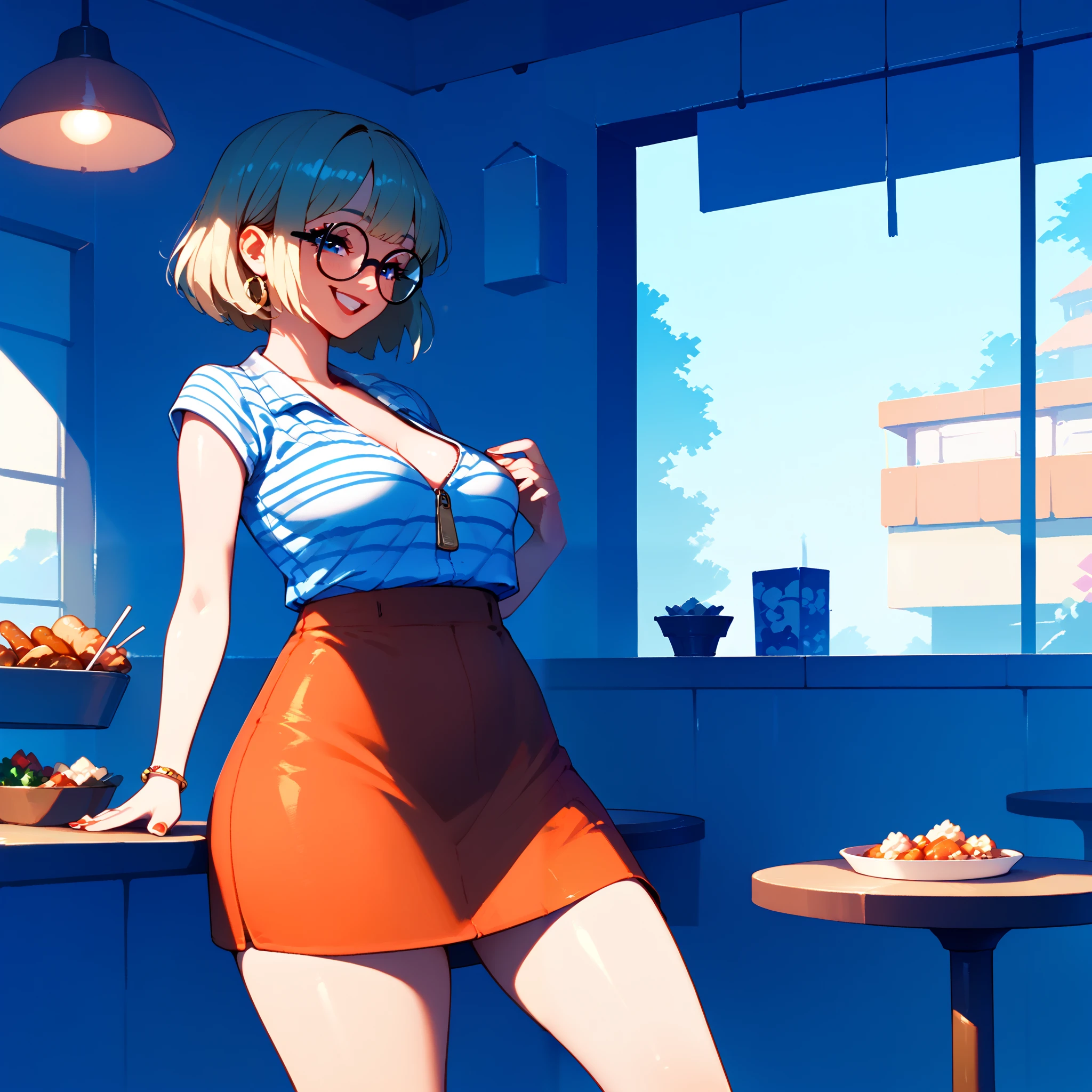 One woman, (quirky woman),, sitting at a booth in a cafe, unzipped skirt, ((small belly stuffed full with food)), striped v neck shirt, large black square glasses, thick blonde hair, (strange strained smile), volumetric and specular lighting, , ((covered midriff, covered belly)),