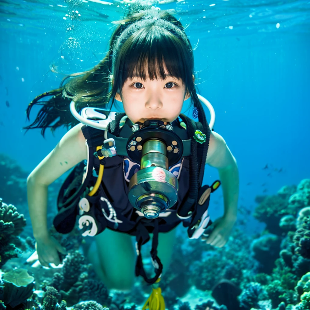 Japanese  holding a scuba regulator mouthpiece without wearing a mask in the pool