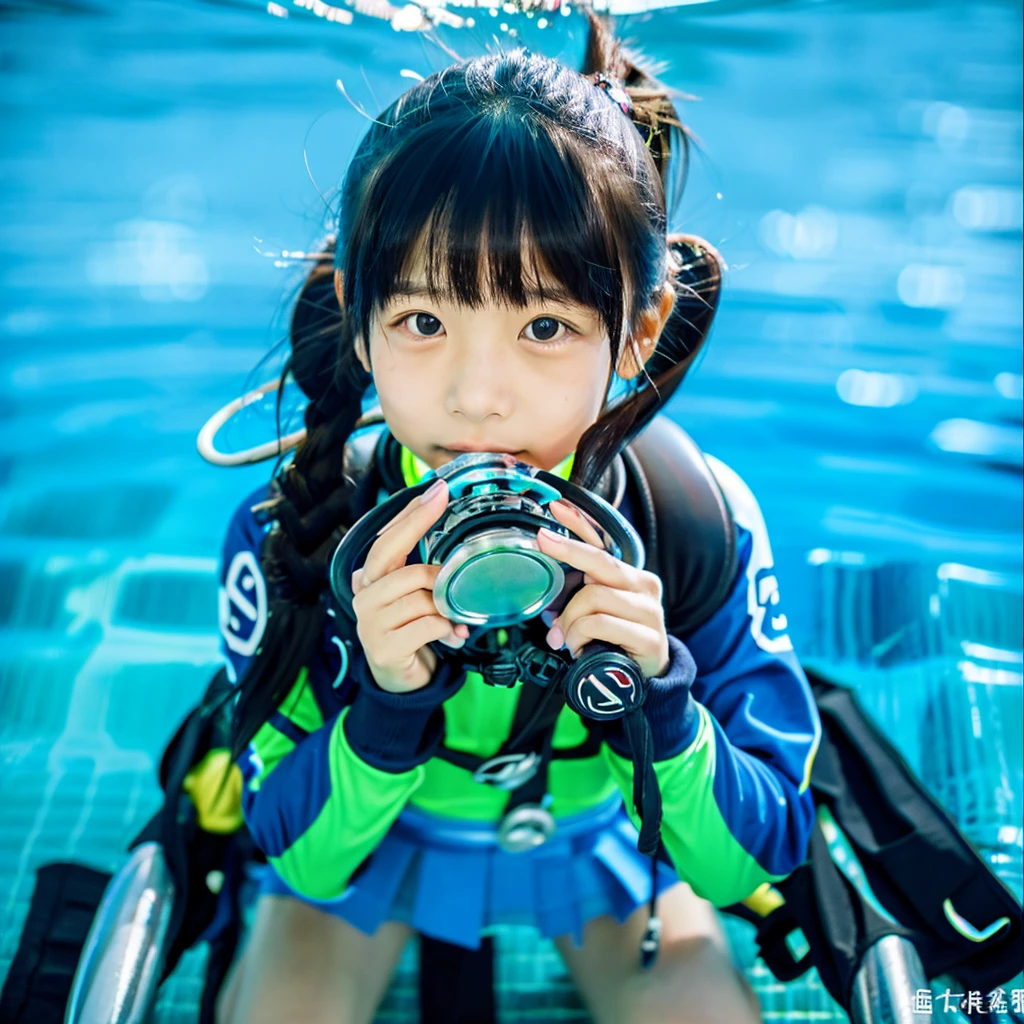 Japanese  holding a scuba regulator mouthpiece without wearing a mask in the pool