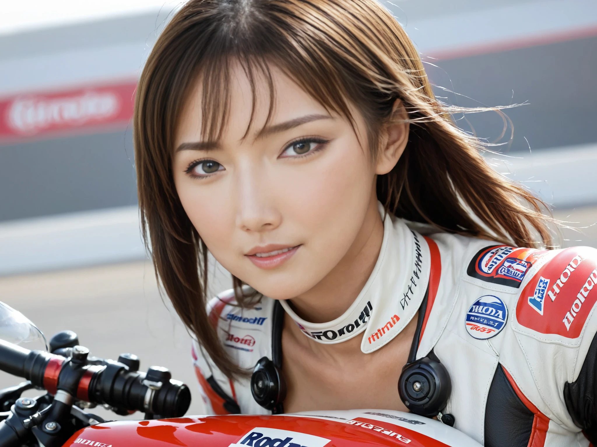 Japanese woman riding a HONDA MOTOGP motorcycle,Baby Face,Charismatic Model,Big Breasts, with cleavage visible , Japanese women,circuit,Woman riding a 