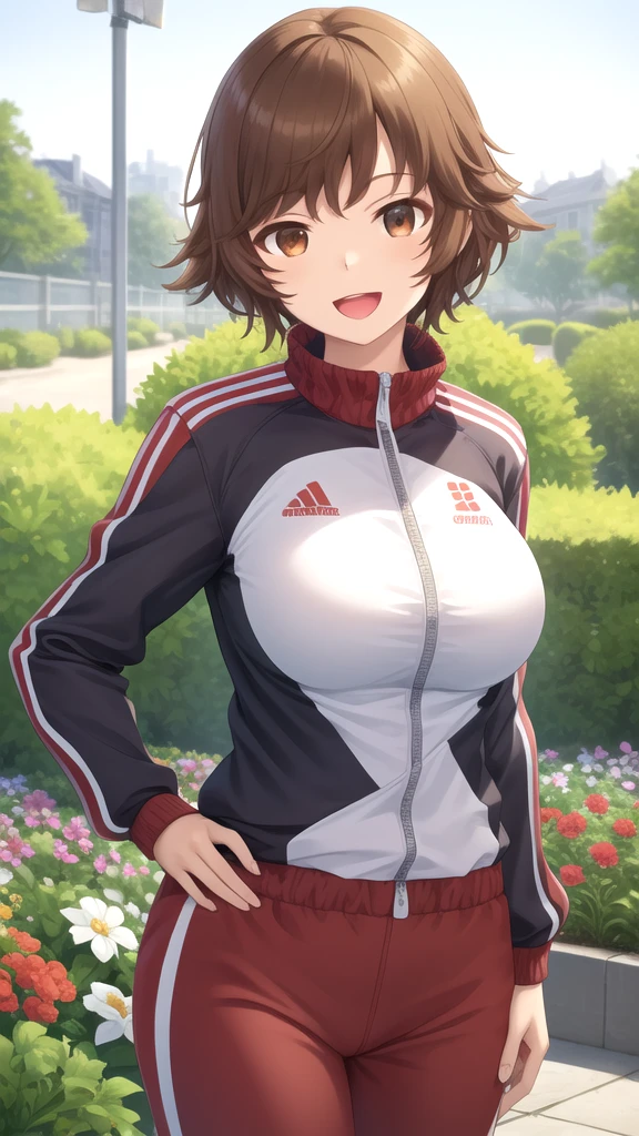 masterpiece, best quality, high quality, girl, solo, looking at viewer, kogure_kawanami, brown hair, brown eyes, large breasts, track suit, smile, open mouth, garden,