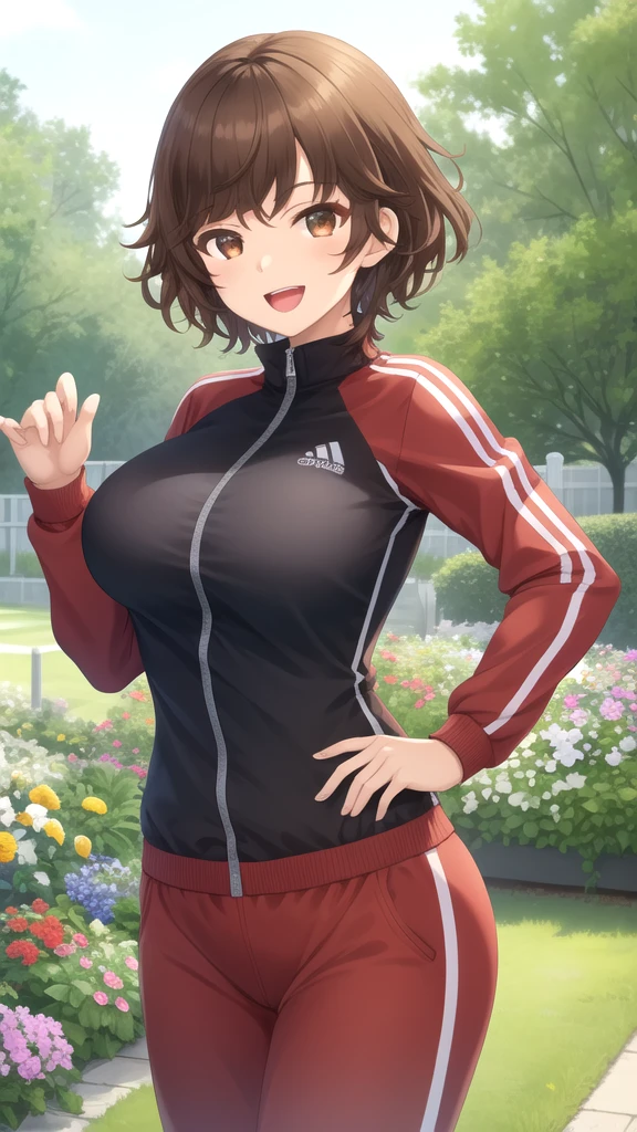 masterpiece, best quality, high quality, girl, solo, looking at viewer, kogure_kawanami, brown hair, brown eyes, large breasts, track suit, smile, open mouth, garden,