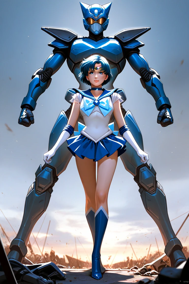 (masterpiece), (best quality), realistic, cinematic light, Mizuno Ami, Sailor Mercury, stand, battlefield background, perfect body, blue hair, uniform  