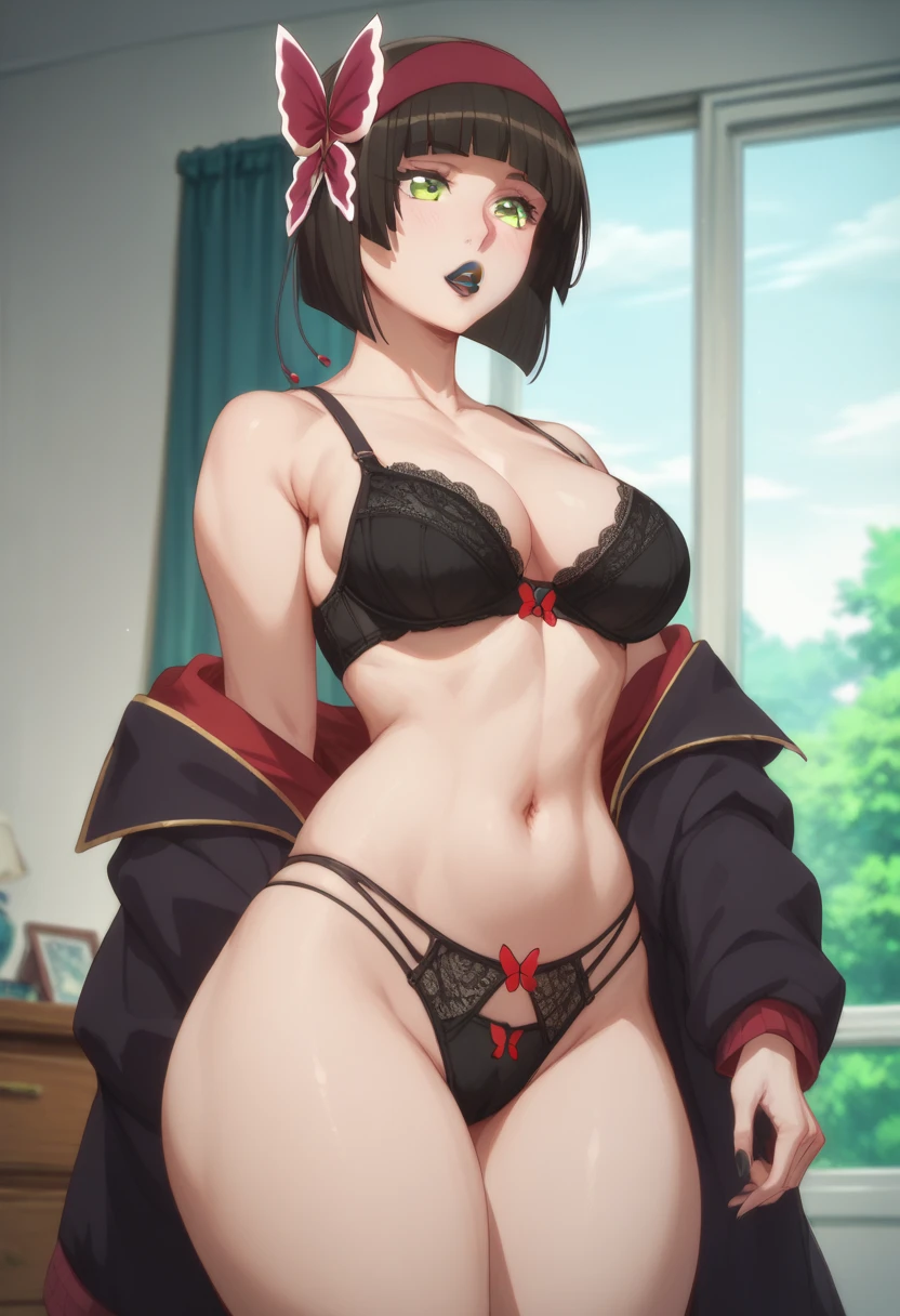 Mio short black hair green eyes clip on red butterfly hair medium large breasts peeled belly thick thighs panties Black dental floss panties black bra in front of the bedroom sexy little big boobs big thighs big and thick