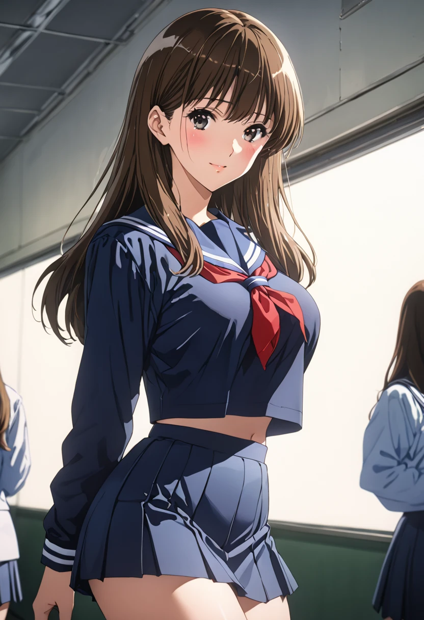 masterpiece, BestQuality, High resolution,16k,official art,super detailed skin,detailed,animated painting,(kuroe mayu:1.3),1990s \(style\),(F-cup beautiful breasts:1.3), (tall:1.2),height: 170cm,Fashion model body type,pointed eyes,black eyes,brown hair,long hair,(high**************,highschool uniform,navy sailor uniform,mini skirt:1.3)、1girl,solo,nsfw,sexy,cool face,light smile,shy,blush,Anime-style painting style,Close up on full body,Cinematic lighting,Superfine,in the city