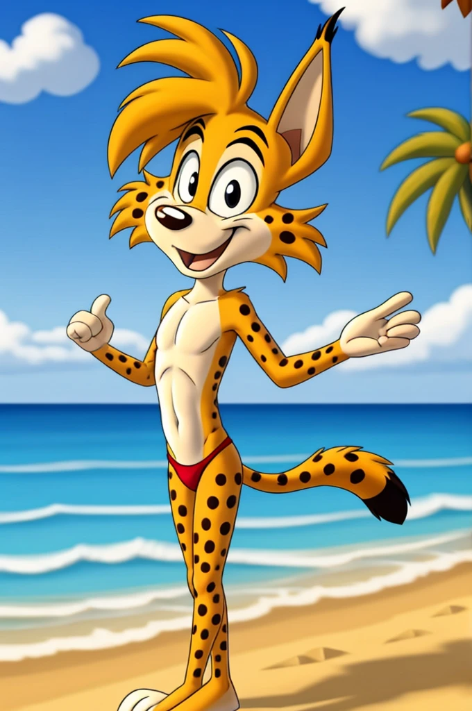 Lynx cartoon guy full length slim skinny in red speedo on the beach with a happy face striped tail