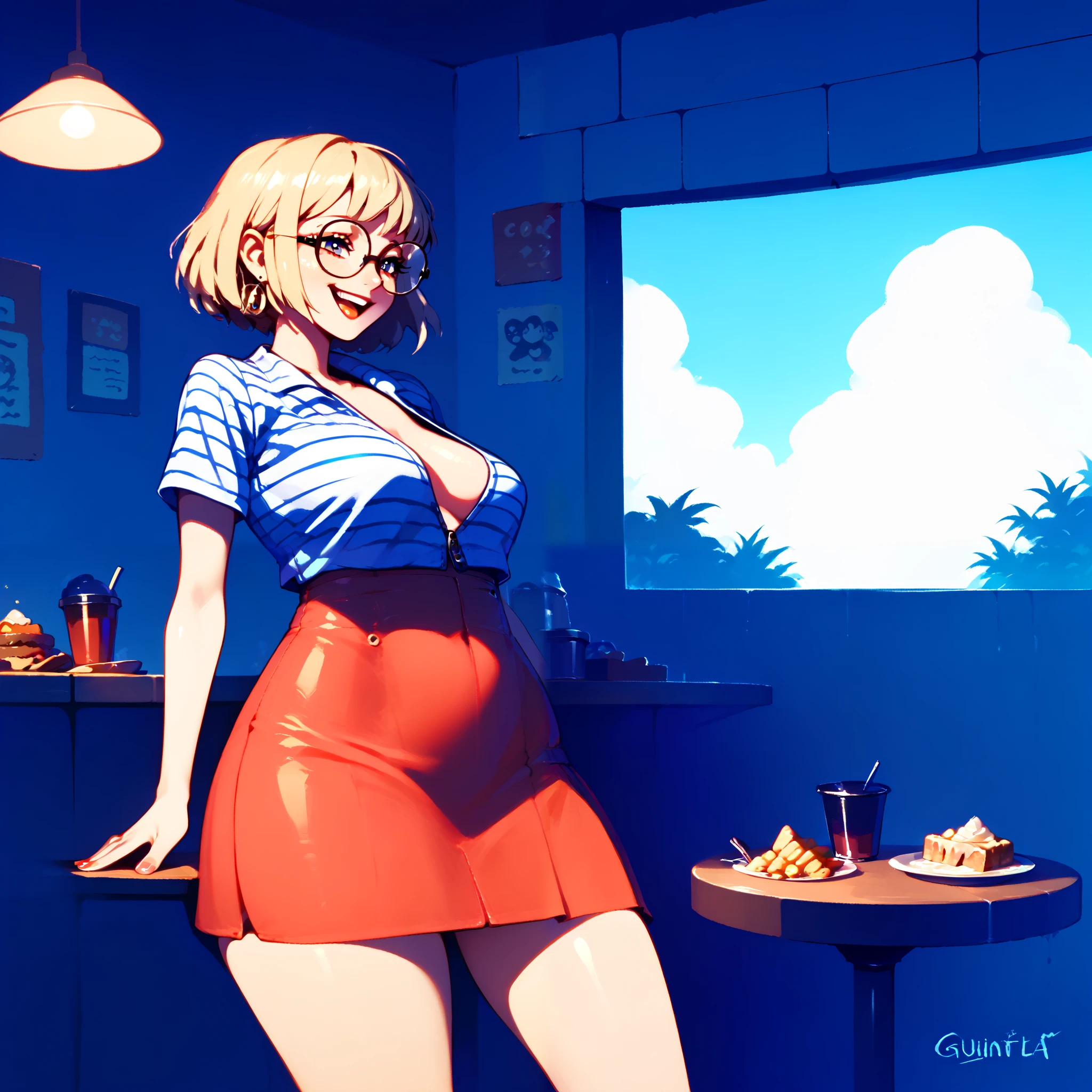 One woman, (quirky woman),, sitting at a booth in a cafe, unzipped skirt, ((small belly stuffed full with food)), striped v neck shirt, large black square glasses, thick blonde hair, (strange strained smile), volumetric and specular lighting, , ((covered midriff, covered belly)), 