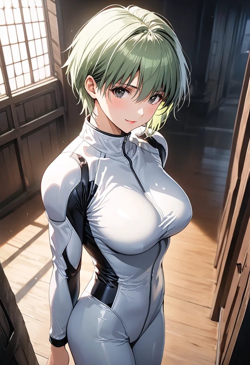 masterpiece, BestQuality, High resolution,16k,official art,super detailed skin,detailed,animated painting,(aina sahalin1.3),1990s \(style\),(F-cup beautiful breasts:1.3), (tall:1.2),(height: 170cm,Fashion model body type:1.2),pointed eyes,black eyes,green hair,short cut hair,(athletic Muscular:1.2)、white fullbody rubber suit,chest is exposed,1girl,solo,nsfw,sexy,cool face,light smile,shy,blush,Anime-style painting style,Close up on full body,Cinematic lighting,Superfine,in the armory