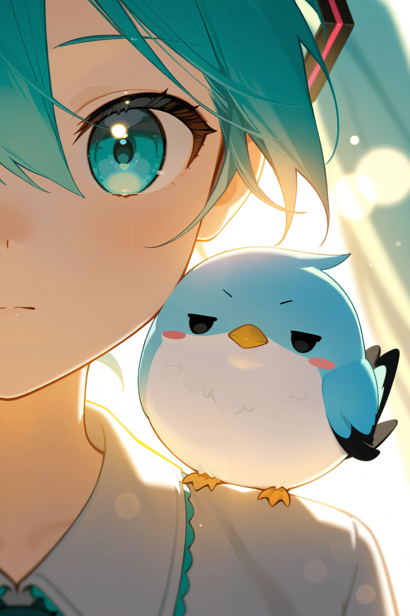 illuminated by the soft golden light of a calm morning, Fascinating close-up portrait of Chibi Miku and a beautiful little bird, Brilliant Bokeh Gently Surrounding Her Delicate Figure