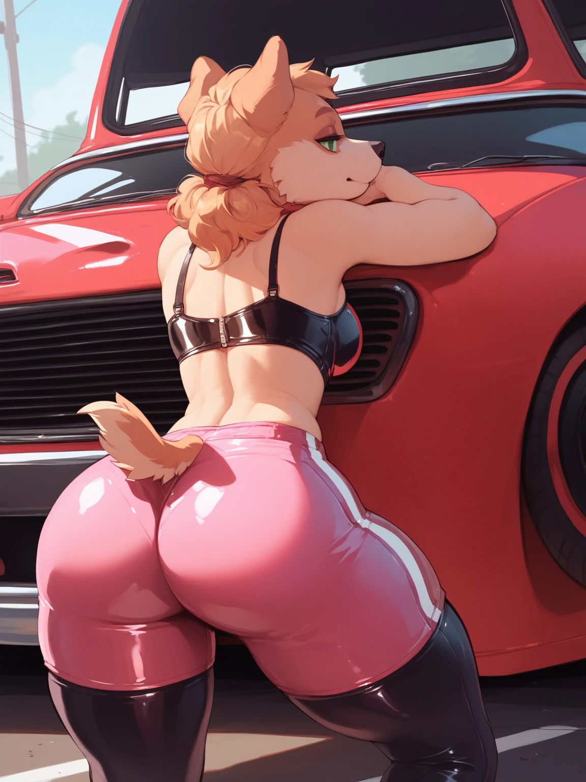 Create a image of a sexy girl who is naked and she he is having with 4 men at a time and she have a very huge ass bigger than a watermelon and she is near a red Lamborghini