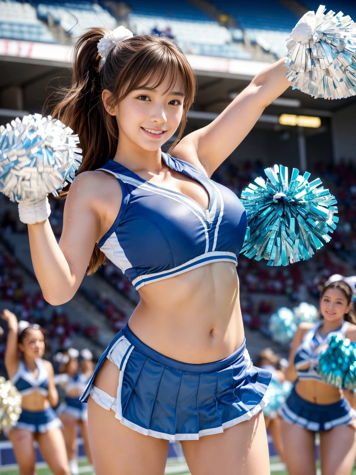 Panties visible through the skirt, (Japan Cheerleaders:1.3), gros-plan,  Photo, Big breasts, (12year old), Young face, Pretty Face, Raw photo, Best Quality, High resolution, (masutepiece), (Photorealistic:1.37), Professional Photography, Sharp Focus, nffsw, 8K resolution, Intricate details, depth of fields, Highly detailed CG Unity 8k wallpaper, Front light, NSFW, femele, girl, beautiful supermodel, Smile, slender, (Vibrant poses:1.3), Back view, thighs thighs thighs thighs, (Twin-tailed, poneyTail, scrunchie:1.3), (Super long hair:1.3), Taken from the ground, (Wear bonbons only on your hands:1.6)