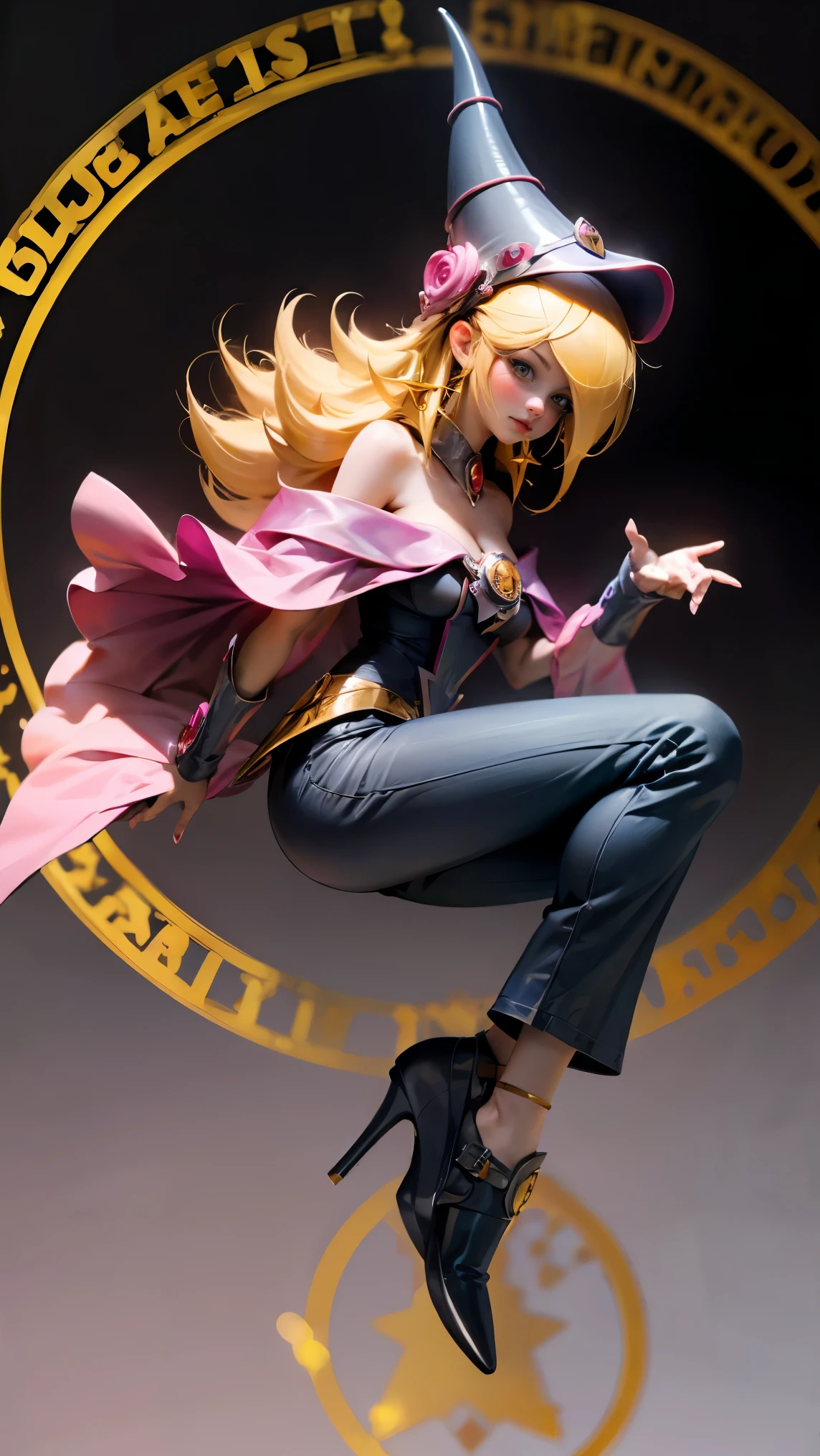 dark magician gils, with high-heels. Pants,  sexy, Subjective and sensual pose. magic background. Magical heart in the air. magic circle 