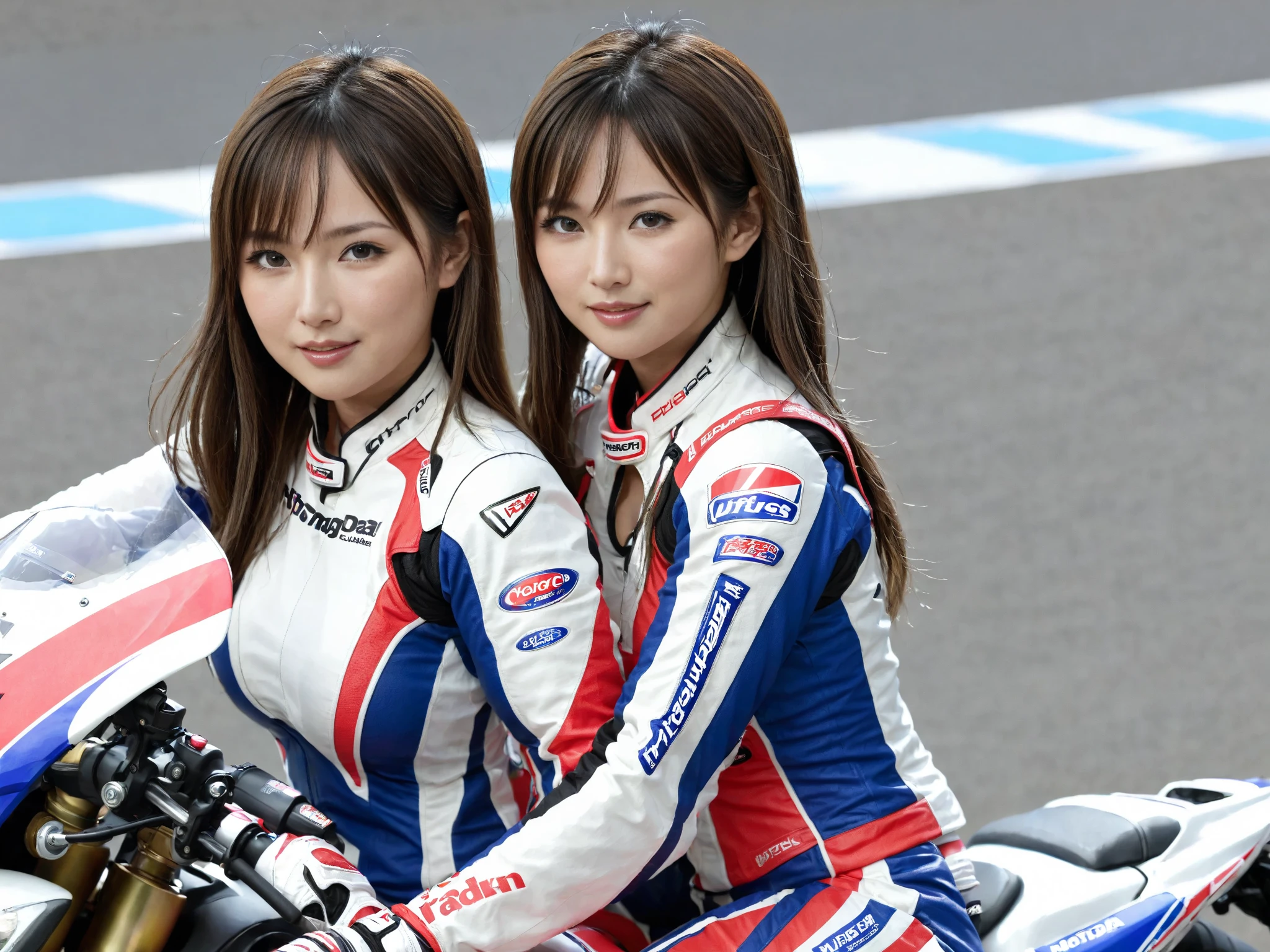 HONDAのMOTOGPバイクに乗った Japanese women,,Charismatic Model,Big Breasts, with cleavage visible , Japanese women,circuit,Woman riding a 