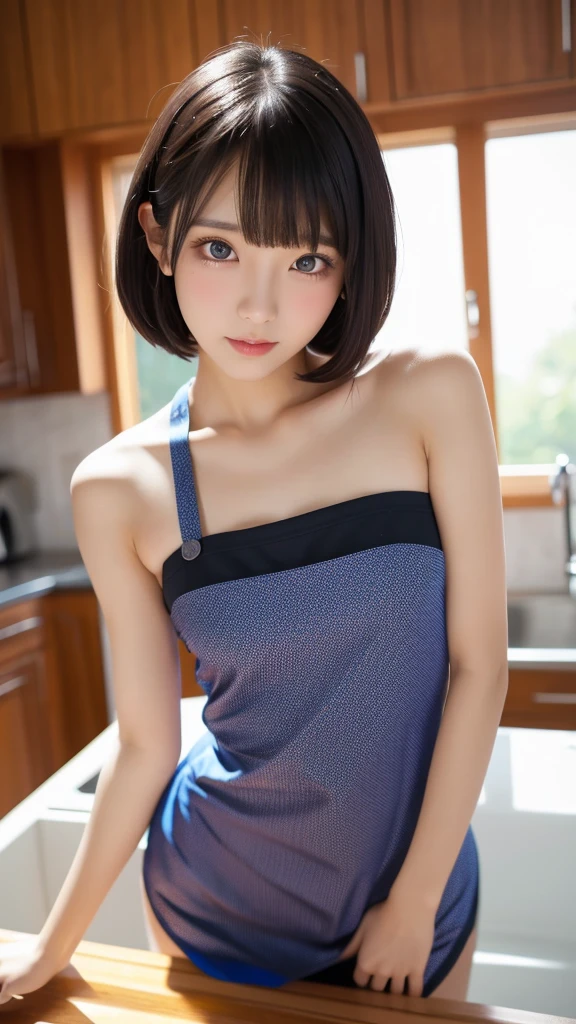 (european room)、High image quality/ultra high definition、girl、、(20-year-old)、(No bra、No shirt、Wear only a short apron)、(no skirt)、((Smile))、high contrast、(realism:1.4)、looking at the camera、(flash)、Upper body、beautiful breasts、Anatomically accurate body、hooded eyes、Are standing、((Dark black open-chest apron:1.2))、cleavage、(cute smile)、short hairstyle、