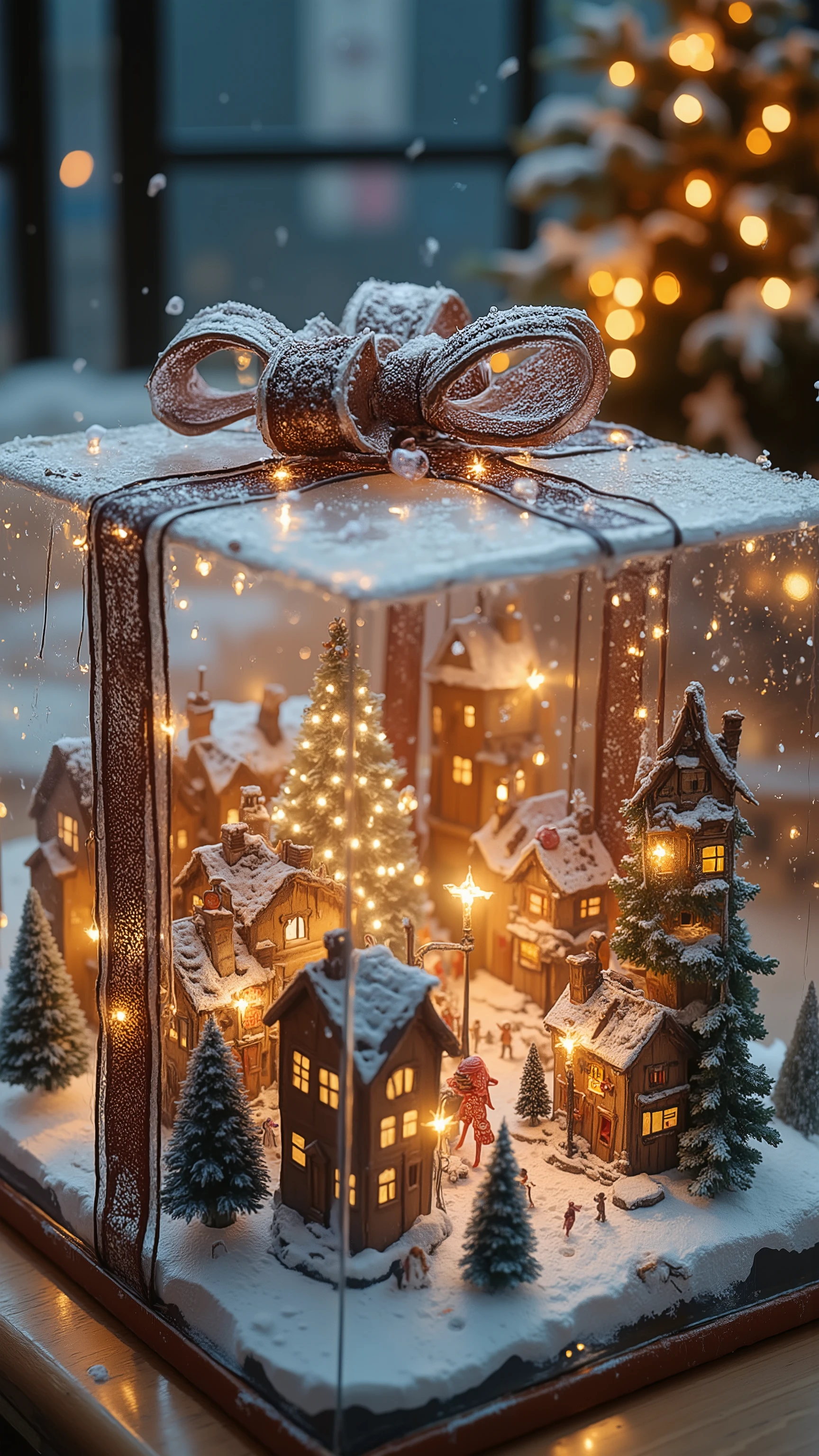 A transparent Christmas gift box with a magical miniature town inside. The town features snow-covered houses decorated in a festive Christmas style, with twinkling fairy lights, wreaths, and candy canes. The scene inside the box has a glowing, ethereal light, creating a whimsical and enchanting atmosphere. Fine details include tiny people enjoying Christmas activities, a decorated Christmas tree in the town square, and gentle snowfall visible inside the box. The entire composition is vivid and dreamy, evoking a sense of wonder 