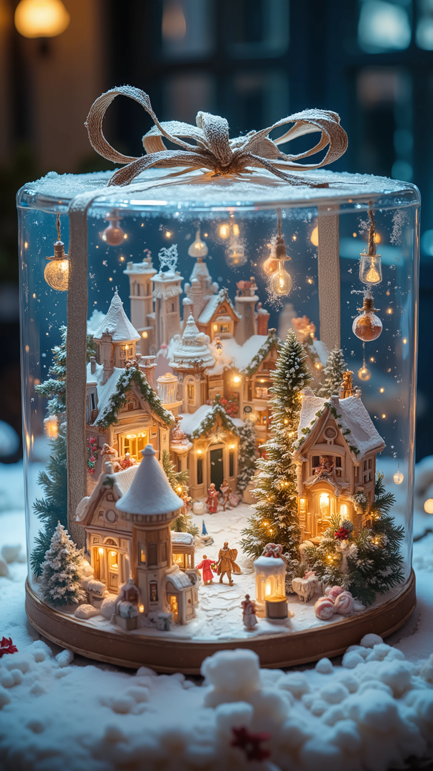 A transparent Christmas gift box with a magical miniature town inside. The town features snow-covered houses decorated in a festive Christmas style, with twinkling fairy lights, wreaths, and candy canes. The scene inside the box has a glowing, ethereal light, creating a whimsical and enchanting atmosphere. Fine details include tiny people enjoying Christmas activities, a decorated Christmas tree in the town square, and gentle snowfall visible inside the box. The entire composition is vivid and dreamy, evoking a sense of wonder 