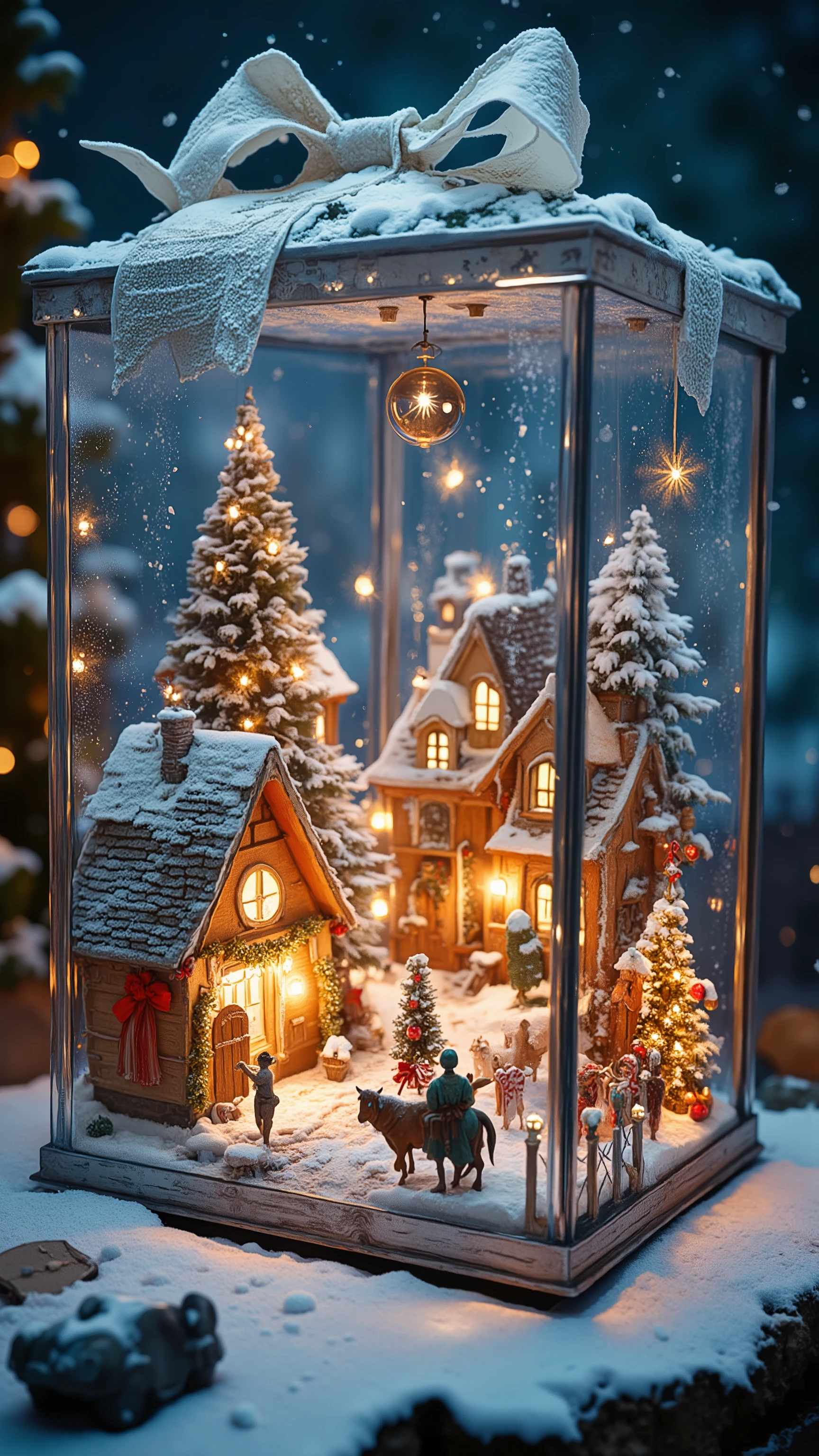 A transparent Christmas gift box with a magical miniature town inside. The town features snow-covered houses decorated in a festive Christmas style, with twinkling fairy lights, wreaths, and candy canes. The scene inside the box has a glowing, ethereal light, creating a whimsical and enchanting atmosphere. Fine details include tiny people enjoying Christmas activities, a decorated Christmas tree in the town square, and gentle snowfall visible inside the box. The entire composition is vivid and dreamy, evoking a sense of wonder 