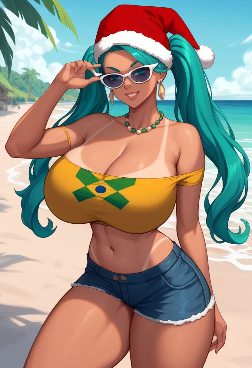 Super huge big breasts breast enlargement full-body shot, BM, long hair, twintails hair, teal colored hair, large expressive eyes, teal eyes, wearing a yellow off-shoulder crop top with the Brazilian flag printed on it, blue denim short shorts with a frayed hem, sunglasses on her head, tanned skin One by the beach santa hat christmas costume