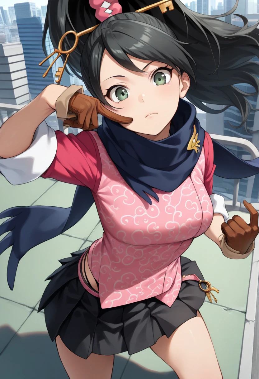 ( Masterpiece 、 top quality 、score_9、score_8_ up、score_7_ up)、break (Alone,  One girl ,  Kay Faraday, Green,  long hair,  black hair,  high ponytail,  hair accessories, key,  green eyes,  pink shirt, medium breasts:1.3,  rolled up my sleeves,  brown gloves, black skirt,  pleated skirt,  miniskirt,  knee-high,  blue scarf), break アウトドア, rooftop, city, street,throw, break (from above, looking at viewer, face-focus), break (standing, tilt one's head), (black thong),break ((Upward-looking model pose, put one's finger on a scarf))