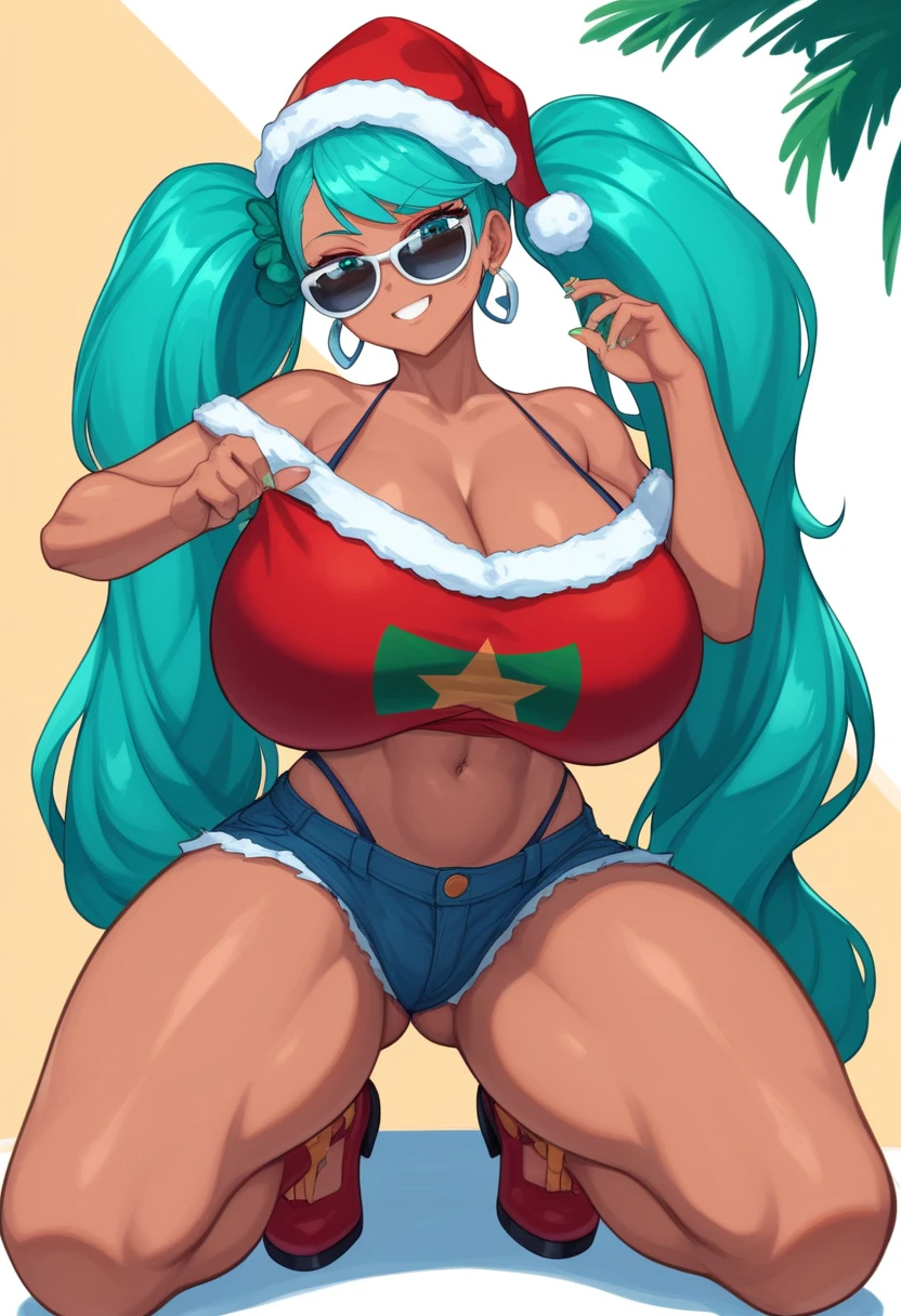 Super huge big breasts breast enlargement full-body shot, BM, long hair, twintails hair, teal colored hair, large expressive eyes, teal eyes, wearing a yellow off-shoulder crop top with the Brazilian flag printed on it, blue denim short shorts with a frayed hem, sunglasses on her head, tanned skin One by the beach santa hat christmas costume