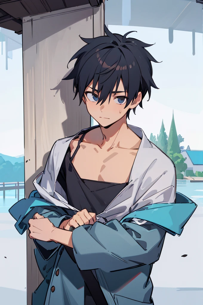 masterpiece, best quality, inosuke, 1boy, bangs, black hair, blue hair, green eyes, abs, hands on hips, topless male, hakama, male focus, sand, sea, beach background <lora:Inosuke:1>