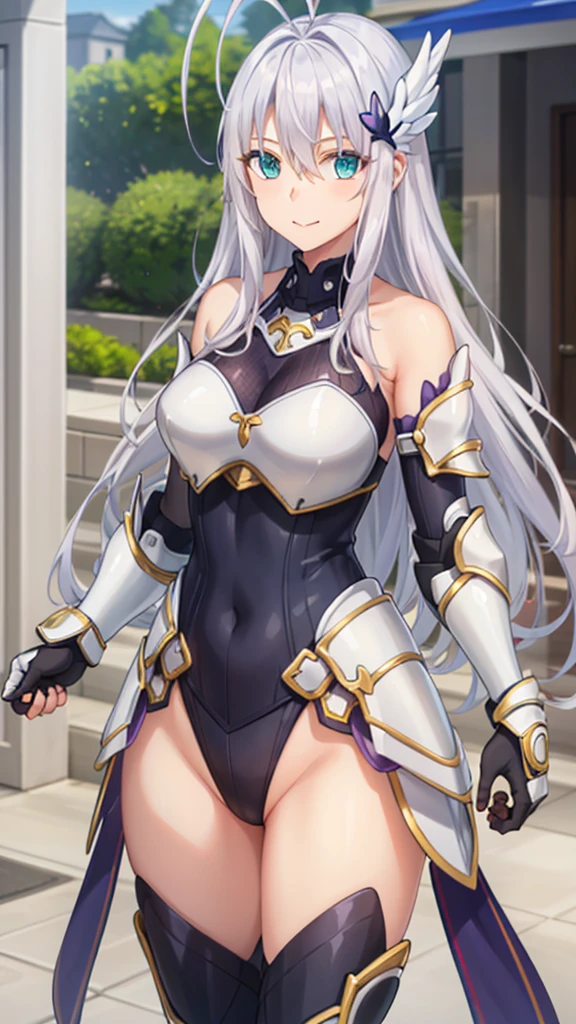 best quality, masterpiece, detailed,
Rossweisse,
1girl, closed mouth, light smile,
grey hair, aqua eyes, antenna hair, long hair, hair ornament,
armor, gauntlets, leotard, bare shoulders,
looking at viewer,
outdoors