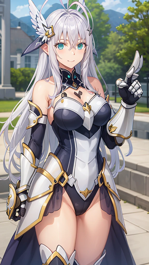 best quality, masterpiece, detailed,
Rossweisse,
1girl, closed mouth, light smile,
grey hair, aqua eyes, antenna hair, long hair, hair ornament,
armor, gauntlets, leotard, bare shoulders,
looking at viewer,
outdoors