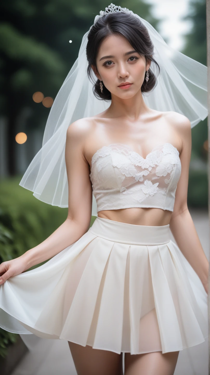 (sweat:0.7),Light yellow wedding dress,white short skirt,woman,japanese,exquisite face, beautiful face,bare shoulders,shoulders slightly exposed,translucent skin,black eyes,black hair,(photorealistic:1.4),realistic details, high resolution,bokeh,outstanding details