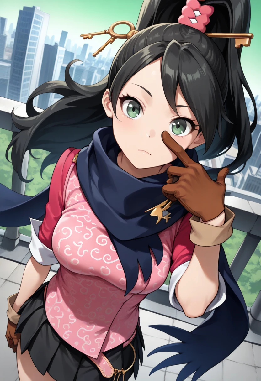 ( Masterpiece 、 top quality 、score_9、score_8_ up、score_7_ up)、break (Alone,  One girl , Kay Faraday , Green,  long hair,  black hair,  high ponytail,  hair accessories, key,  green eyes,  pink shirt, medium breasts:1.3,  rolled up my sleeves,  brown gloves, black skirt,  pleated skirt,  miniskirt,  knee-high,  blue scarf), break アウトドア, rooftop, city, street,throw, break (from front, looking at viewer, breasts-focus), break (standing, tilt one's head), (black thong),break ((Upward-looking model pose, put one's finger on a scarf))